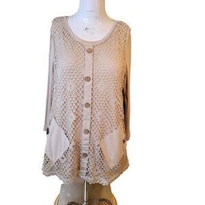 NEW Onque Casual PL Blouse Women petite keyhole 2 piece stretch faux pockets